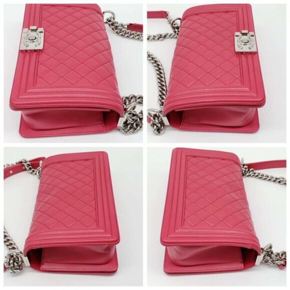 Authentic Chanel Boy Bag Red Quilted Leather Medium Flap Silver Chain CC Logo - Picture 9 of 16